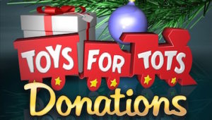 Animated Christmas scene with the text: Toys for Tots Donations