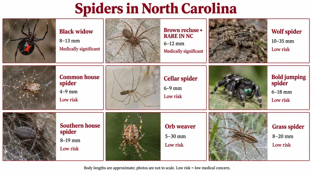 Identification chart of nine spiders found in North Carolina homes