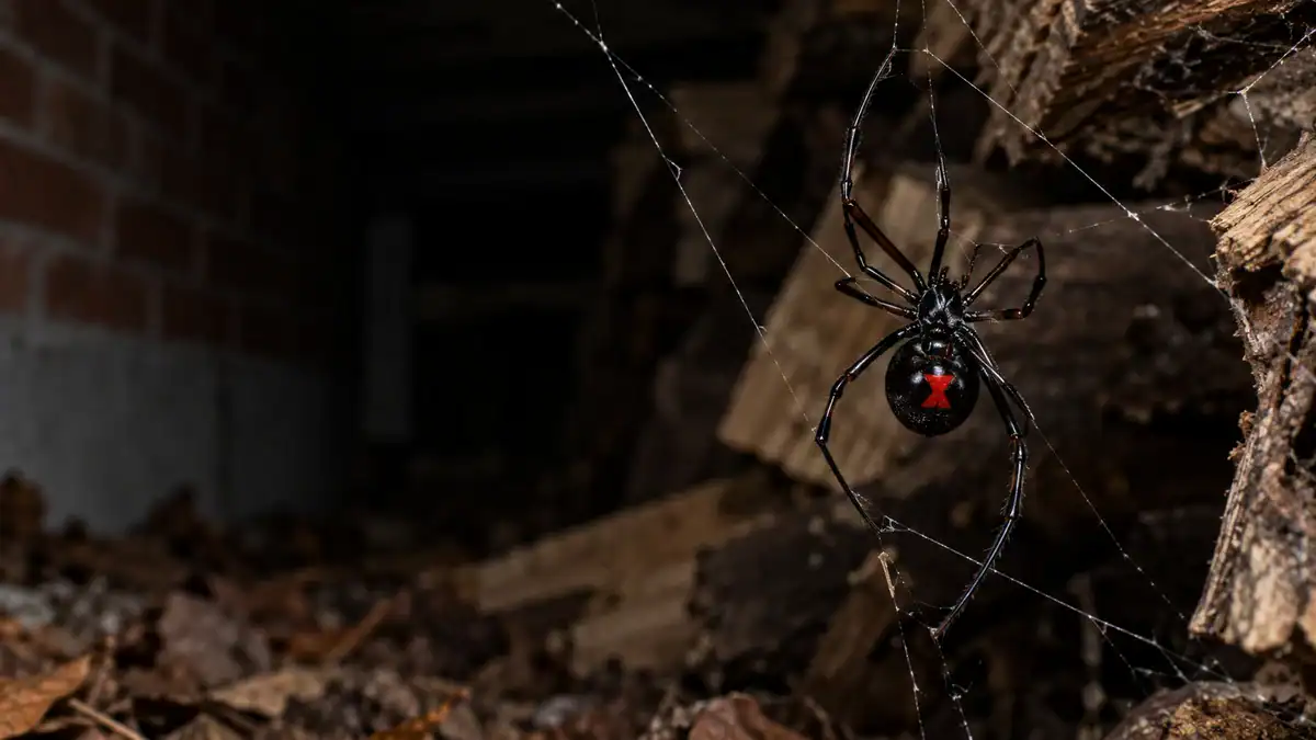 Southern black widow spider in a woodpile, one of two venomous spiders in North Carolina
