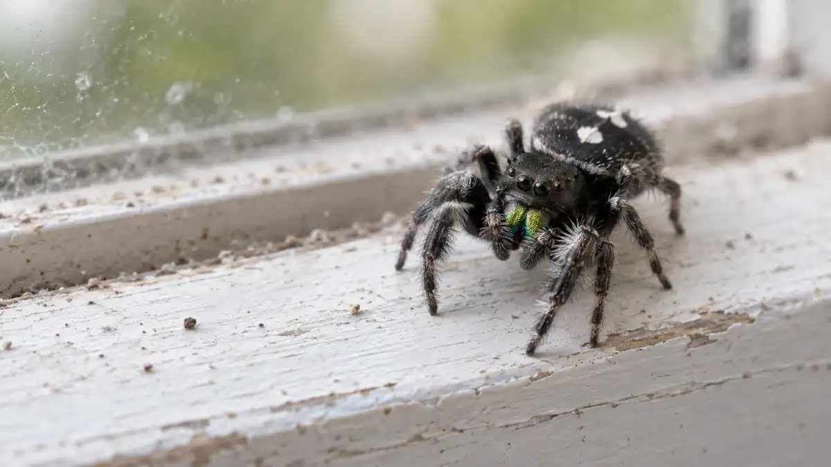 Bold jumping spider on a windowsill, a harmless black spider often mistaken for a widow