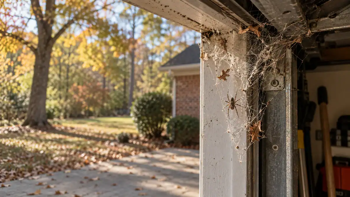 Cobwebs in a garage doorframe in fall, when spiders move indoors in North Carolina