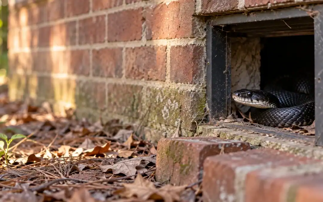 Snake at the opening of a crawl space vent on a North Carolina home