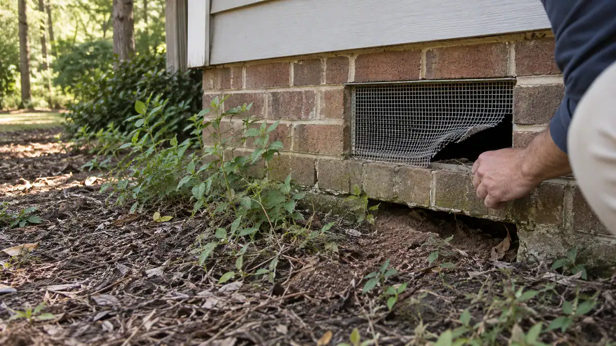 Damaged crawl space vent screen creating an entry point for snakes