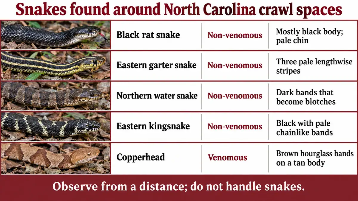 Identification chart of five snake species found under North Carolina homes, with venomous status