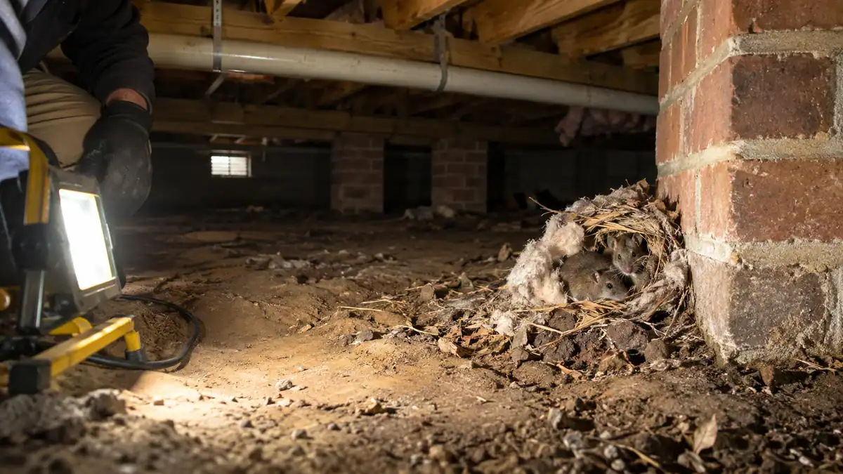 Rodent nest in a crawl space, the food source that draws snakes underneath a home
