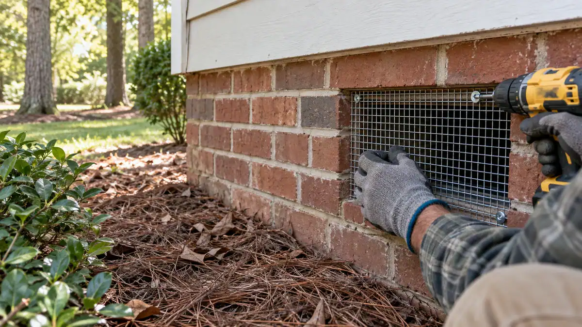 Hardware cloth installed over a crawl space vent to keep snakes out